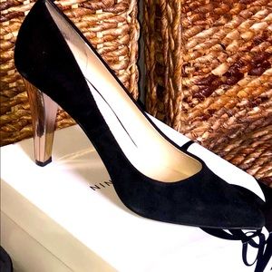 Nine West Suede Pump with Gold Heel.